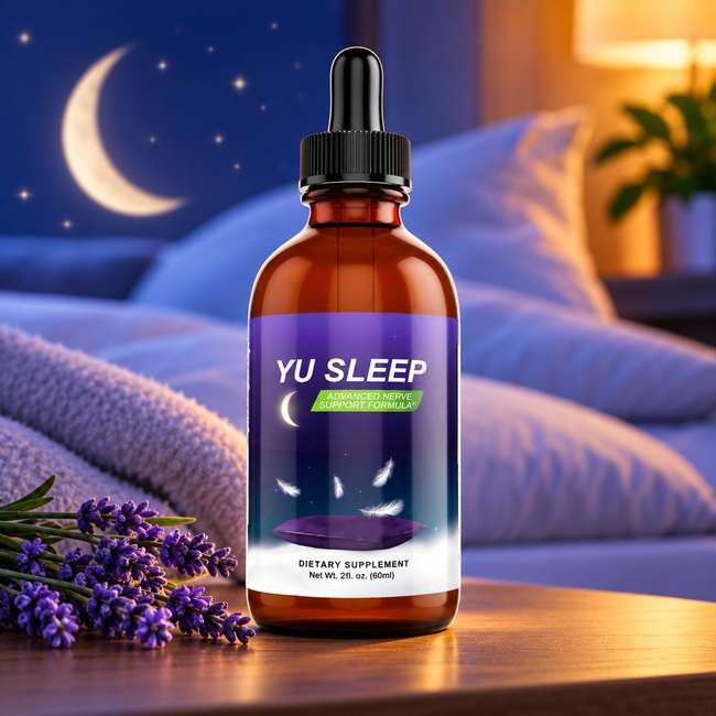 Yu Sleep liquid drops bottle on a nightstand with lavender